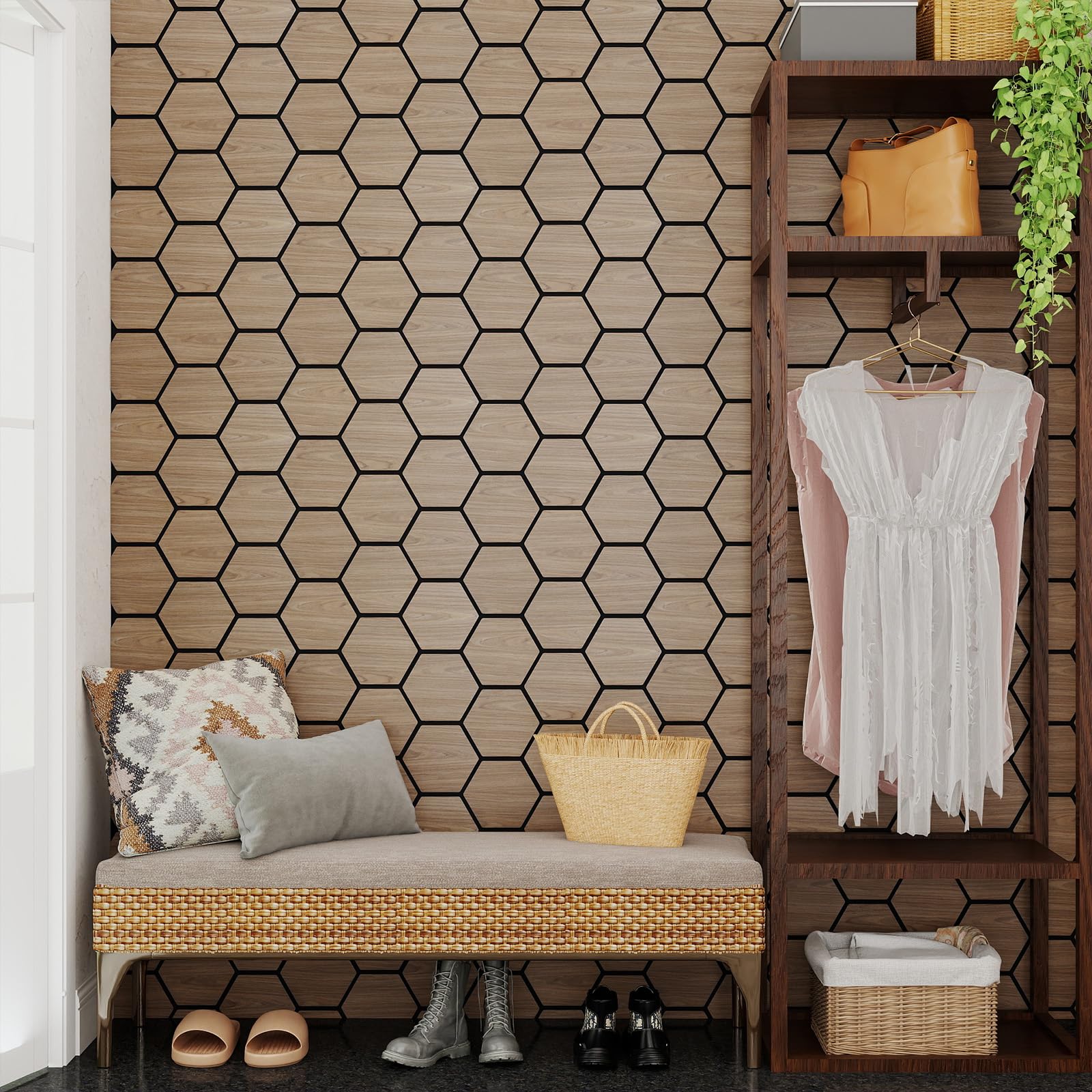 COSTWAY Pannello Fonoassorbente 4 Pezzi, Pannelli Acustici per Pareti, 81 x 66 cm con 9 Tavoletta Esagonali in Legno, Decorazione d’Interni, per Riduzione Rumore, 2,1 m²