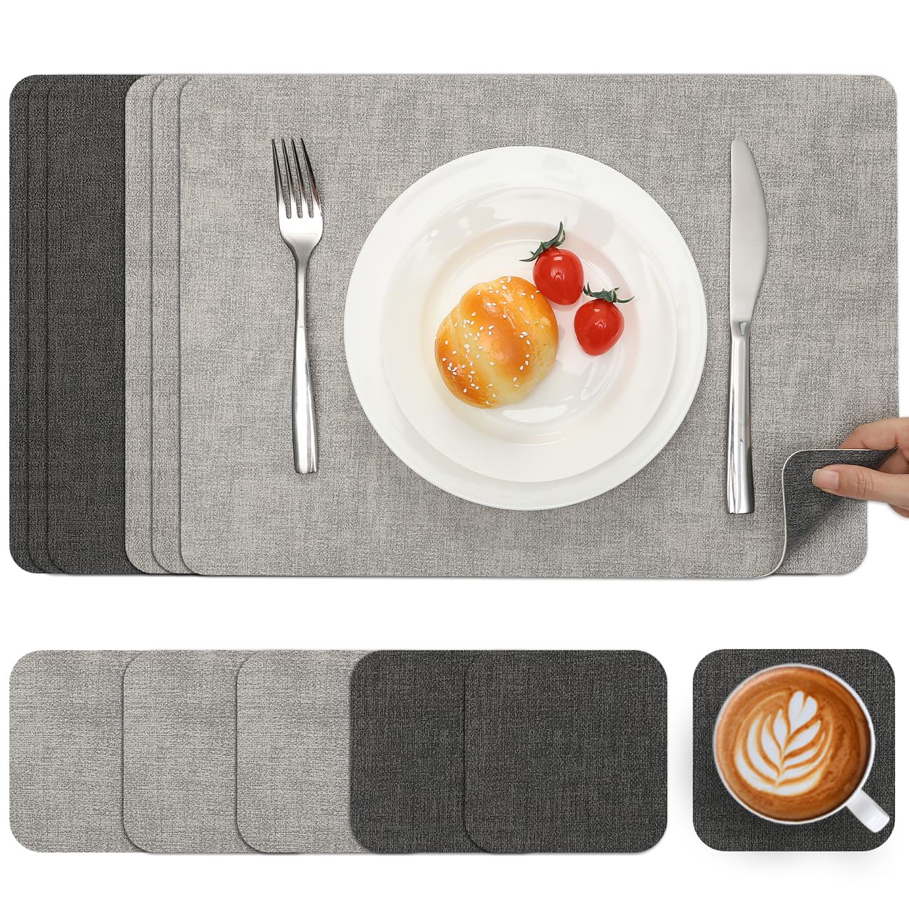Myir JUN Reversible Vinyl Placemats and Coasters Set of 6, Faux Leather Place Mats Dual Sided Waterproof Oilproof, Heat-Resistant Table Mats for Kitchen Indoor Outdoor (12" x 17", Light Grey Grey) โ image 1