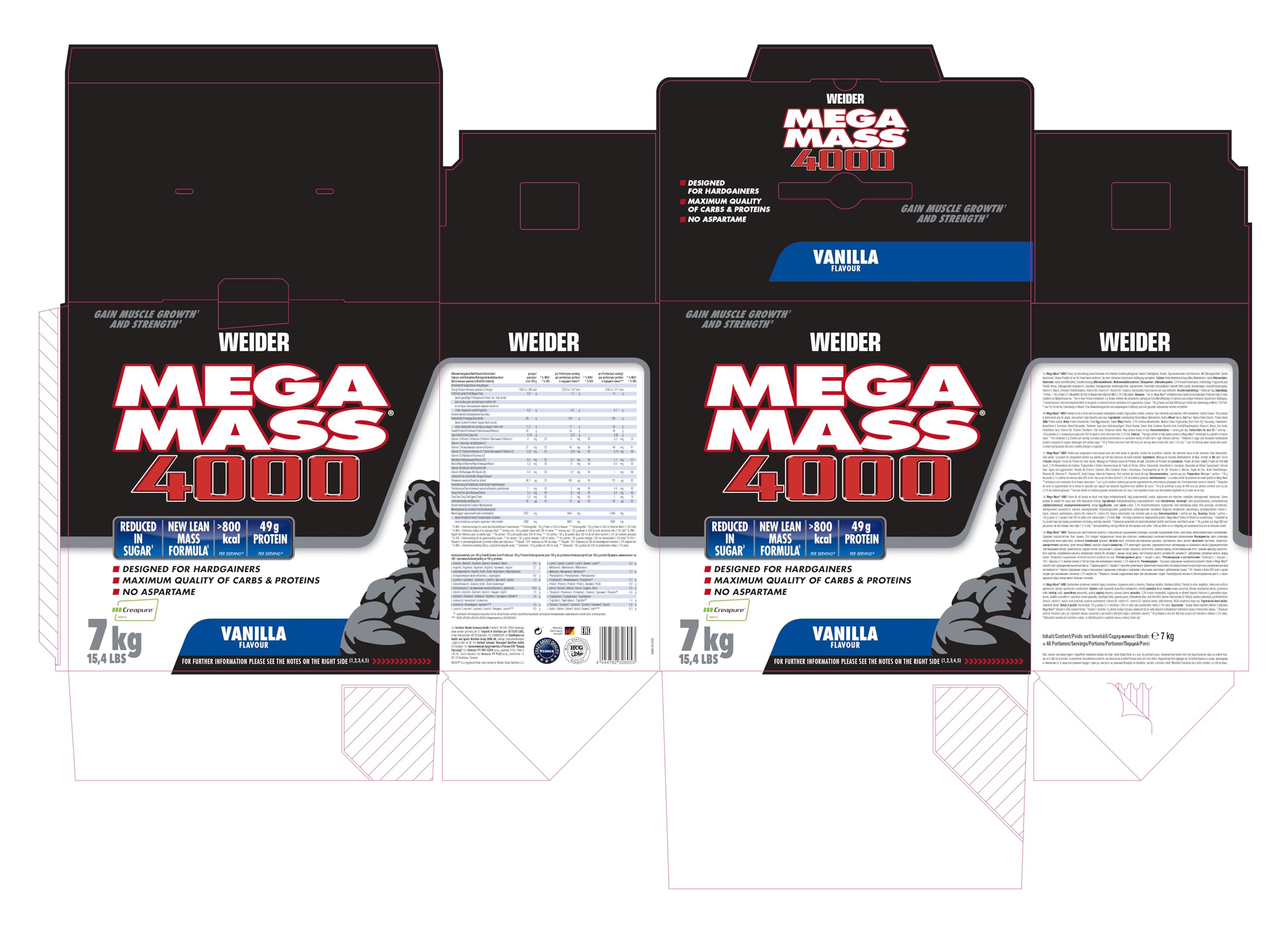 Weider Mega Mass 4000 - Poudre Weight Gainer avec 48g de Protéines & Créatine par Portion - Pour la Construction Musculaire & l'Absorption de Calories Élevées - 7kg - Vanille