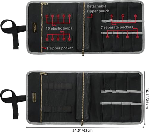 Miniatura 2 de Llave inglesarollo de herramientas (7 ranuras), bolsa enrollable de lona encerada con 1 pequeña bolsa de herramientas desmontable y 1 bolsillo con