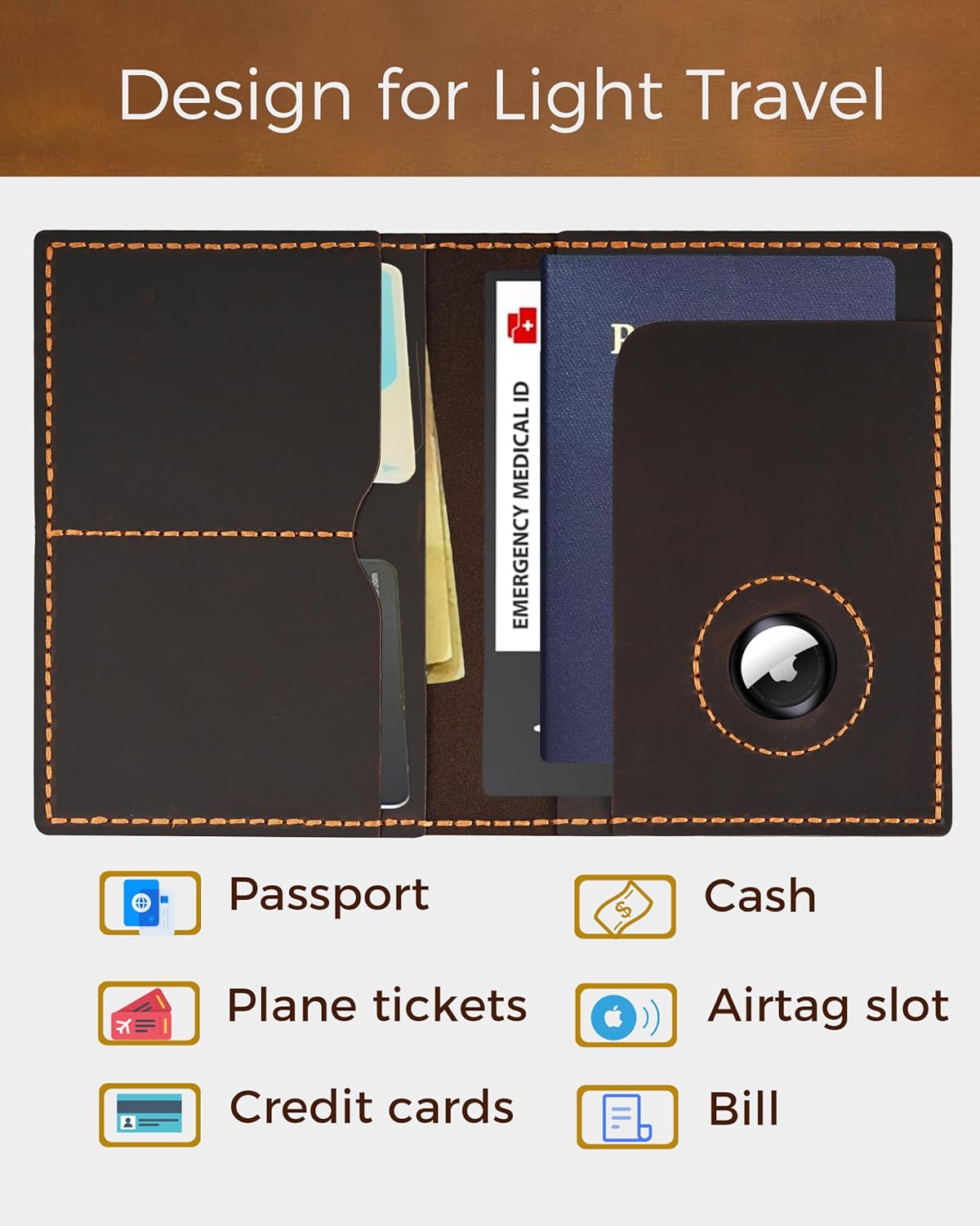 Passport Holder for Travel, Full Grain Leather Passport Holder with Airtag, Rfid Passport Cover Wallet Case for Men Women, Travel Essentials Gift, Coffee Brown - Image 3