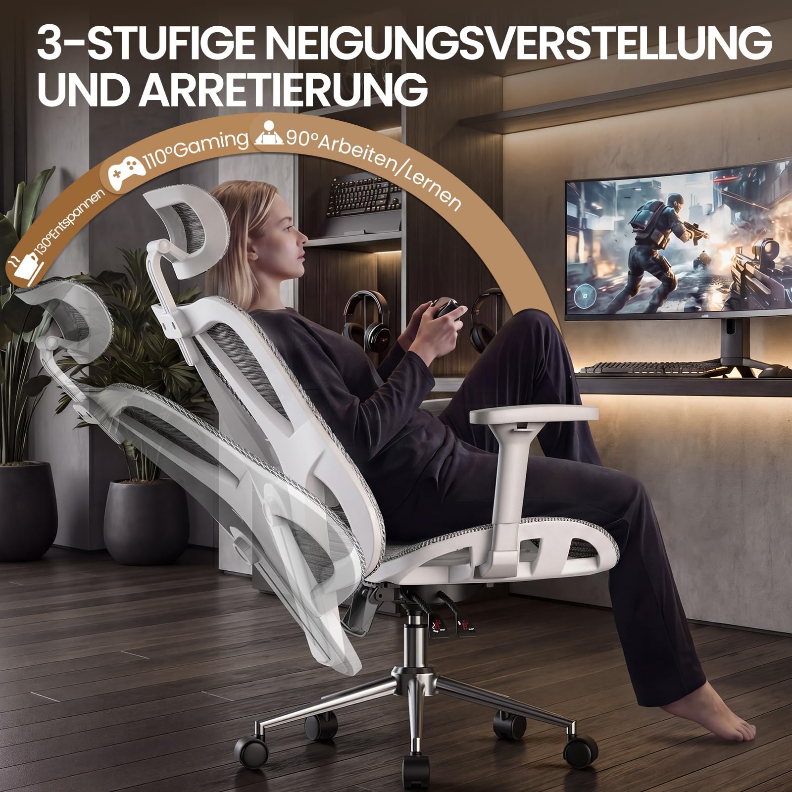 naspaluro Ergonomischer Bürostuhl, Schreibtischsessel mit Kopfstütze, 3-stufig Verstellbarer Rückenlehne, Stabiler Drehstuhl bis 150kg belastbar, Computerstuhl für Büro und Homeoffice, Weißgrau
