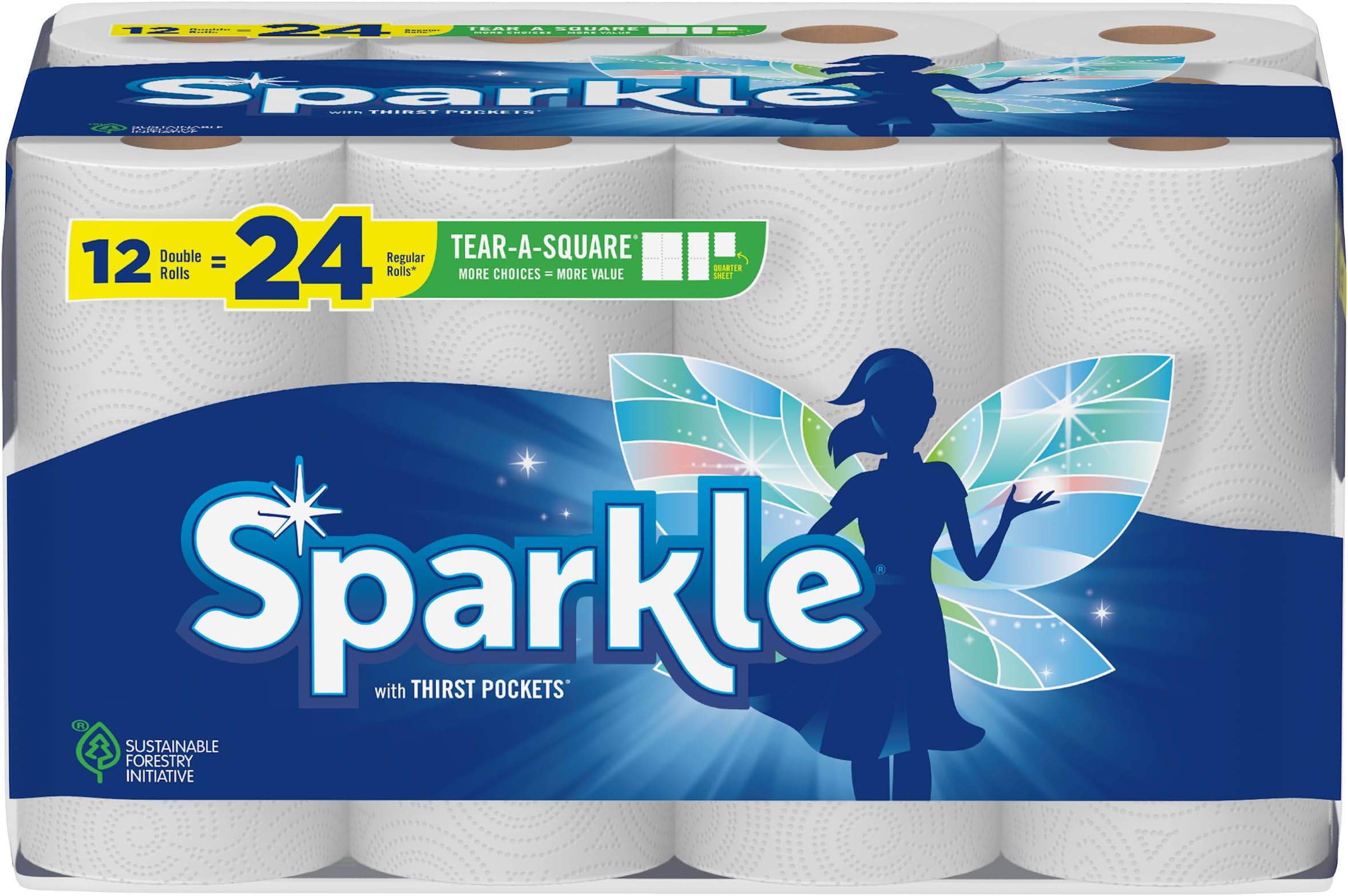 Sparkle Tear-A-Square Paper Towels, 12 Double Rolls = 24 Regular Rolls, Customizable Sheet Size Paper Towel