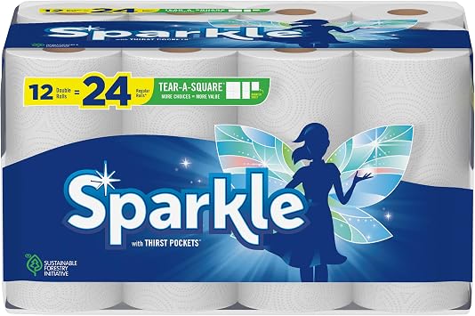 Sparkle Tear-A-Square Paper Towels, 12 Double Rolls = 24 Regular Rolls, Customizable Sheet Size Paper Towel