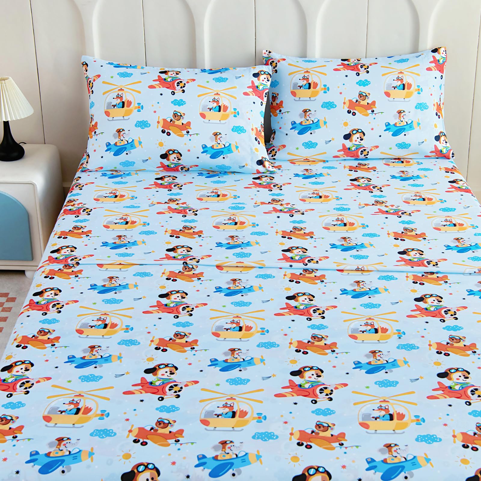 Queen Sheet Set Kids - Airplane 4 Pieces Soft Microfiber Cartoon Style Bedsheets for Boys Girls Teens, Oeko TEX Breathable 15 Inch Deep Pocket Sheets(Animal Captain)