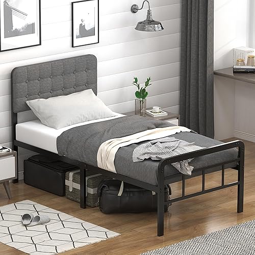 EMODA Marco de cama de metal de 16 pulgadas con cabecera tapizada y estribo de metal, base de colchón de soporte de listones de metal resistente, no