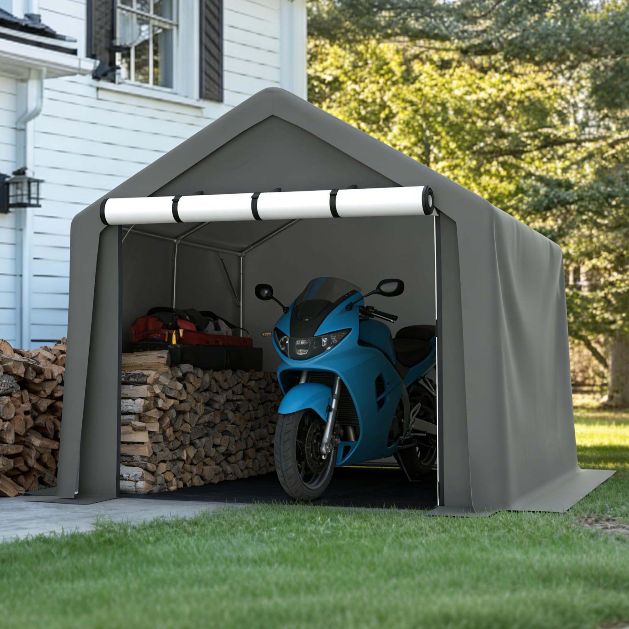Thanaddo Fahrradgarage Zeltgarage Lagerzelt für 3-6 Fahrräder, Winterfest Geräteschuppen Carport mit UV-Schutz PE-Dach, Fahrradschuppen Motorrad Garage 244x240x220cm, Dunkelgrau
