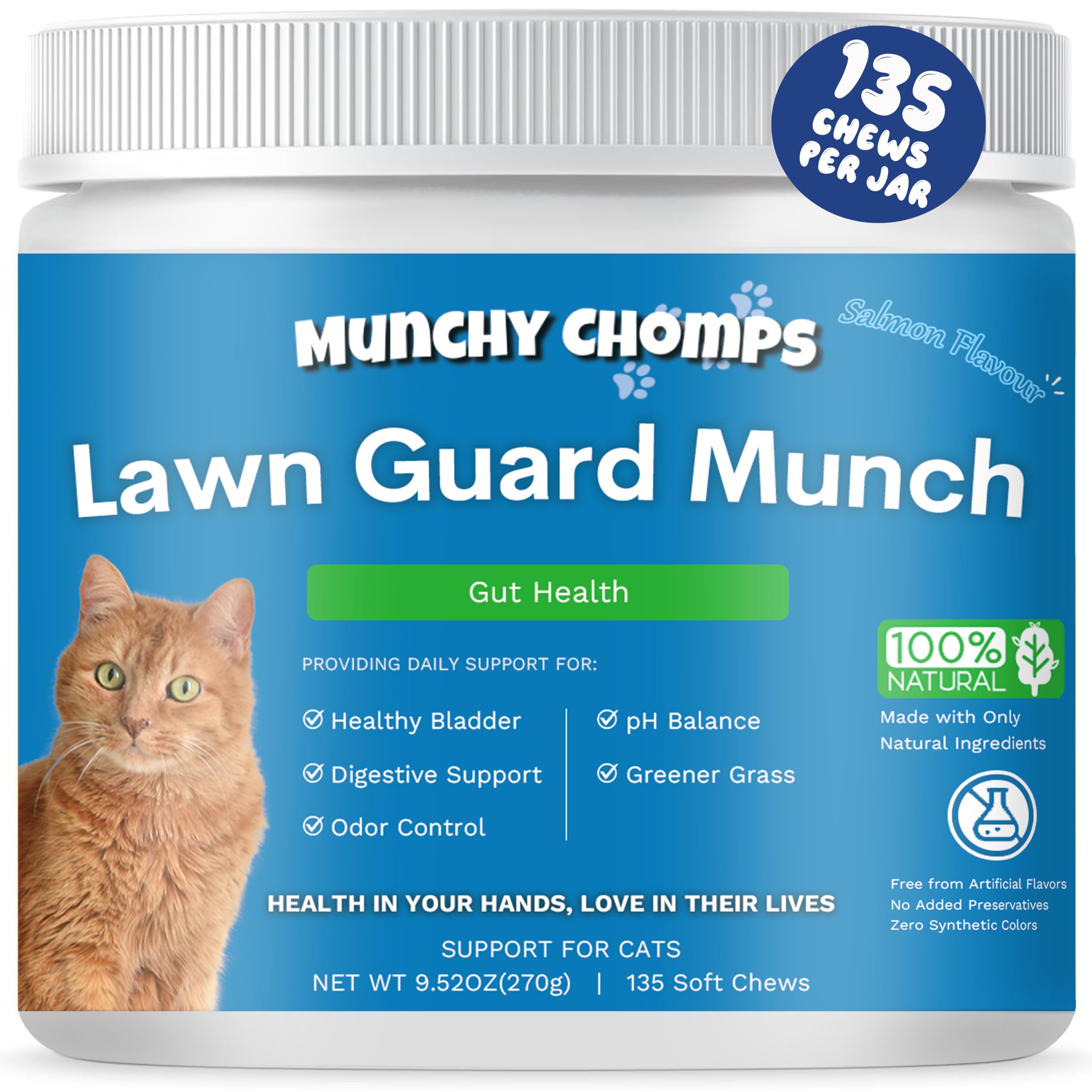 Munchy Chomps Lawn Guard Munch for Cats - Supports Urinary Tract & Gut Health - Prevents Yellow Spots on Grass - with DL-Methionine, Fiber & Probiotics (Salmon)