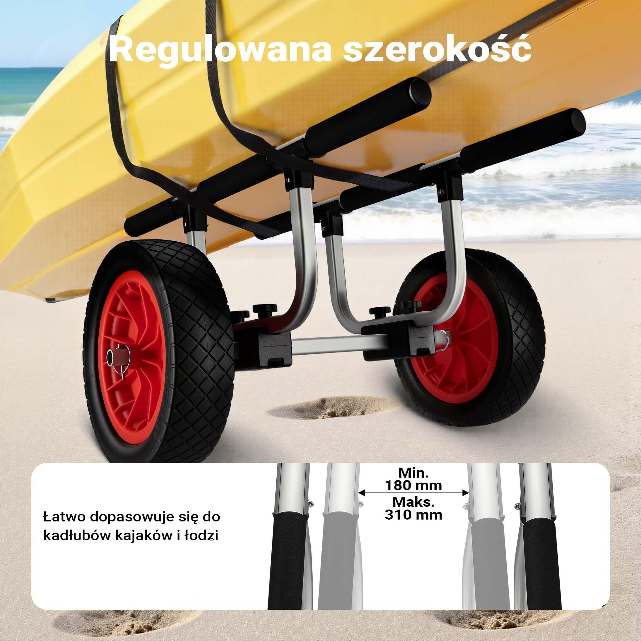 Regulowany aluminiowy wózek kajakowy Wiltec do 90 kg, wózek transportowy do łodzi, kajaków i kanoe, wózek surfingowy z poduszkami, kółka i paski PU ⌀31 cm