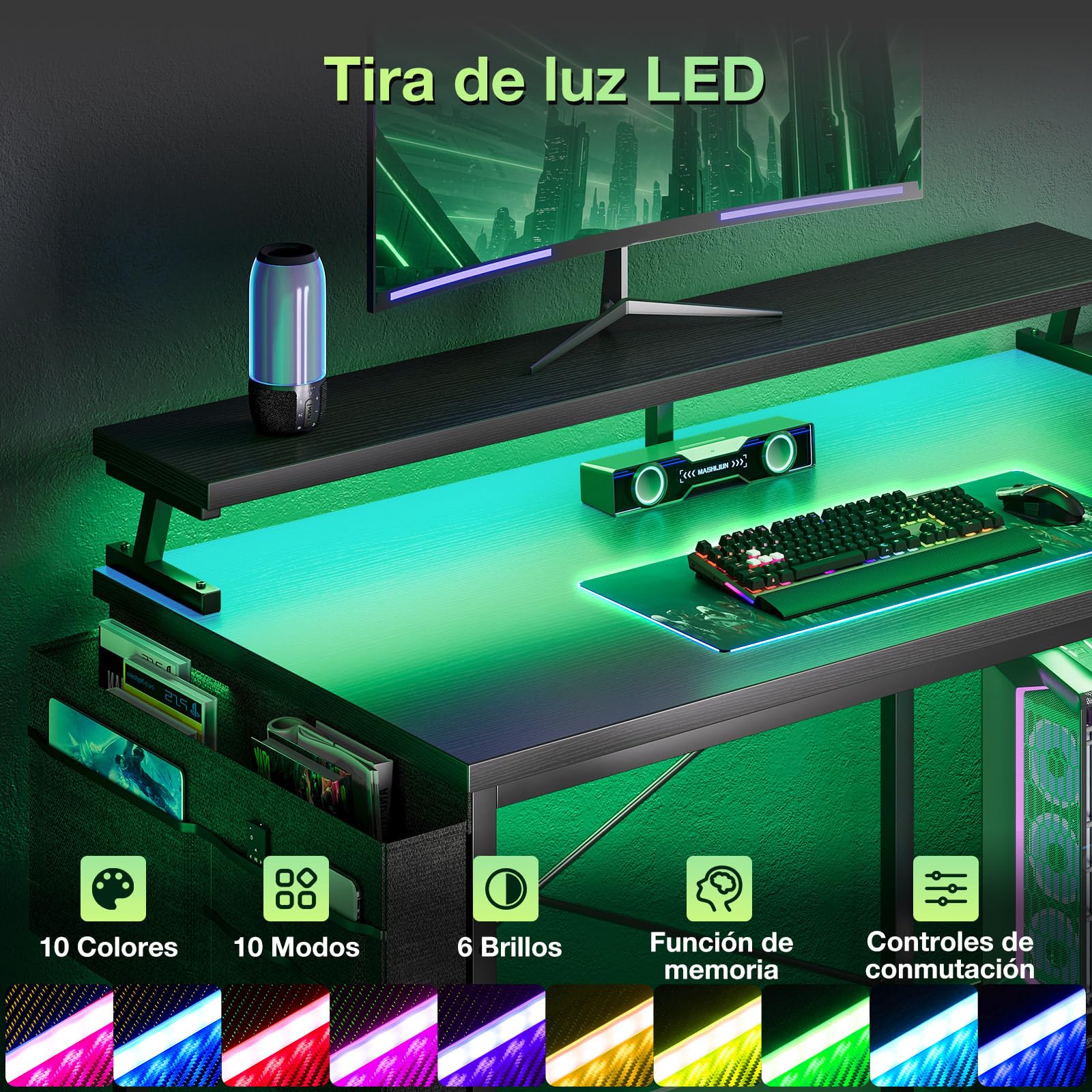 Coleshome Escritorio Gaming con LED, 120x80cm Escritorio Esquina con Estantes Reversibles, Mesa Gaming en L con Tomas de Corriente y USB Mesa de Juegos con Soporte Monitor Hogar Oficina, Negro