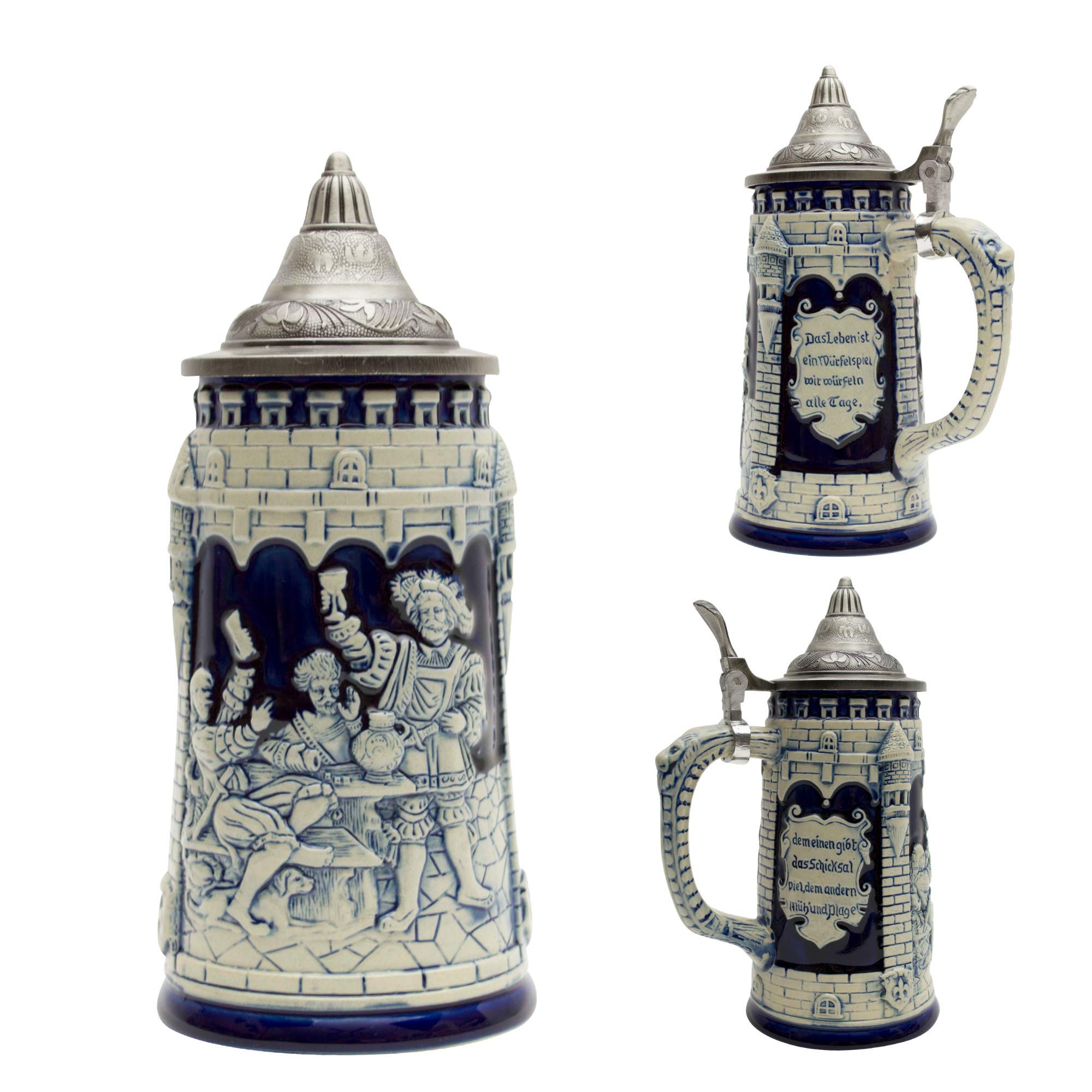 Bierkrug Deutsches Schloss mit festlicher Gravur, Kobaltblau, mit Metalldeckel