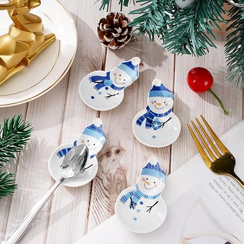 Miniatura 4 de Whaline Juego de 4 cucharas de café de invierno, soporte para cucharas de cerámica con forma de muñeco de nieve, plato para anillos para Navidad,