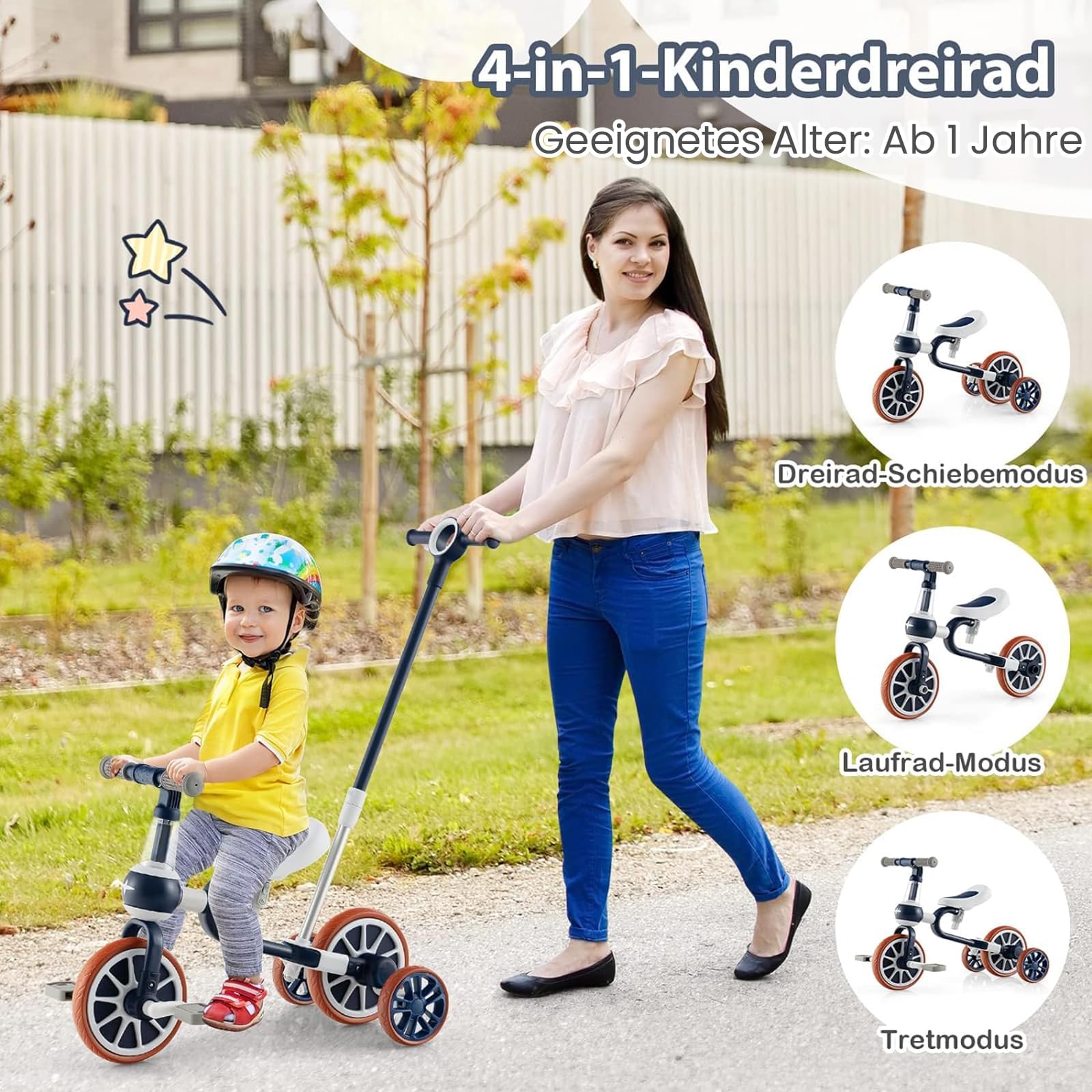 FANTASK Rowerek biegowy 4 w 1, do 30 kg, rower trójkołowy dla dzieci z regulowanym uchwytem przesuwnym i zdejmowanymi pedałami, pomoc w nauce chodzenia dla dzieci od 1 roku życia (niebieski)