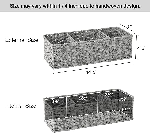 Miniatura 6 de StorageWorks Cestas de mimbre de 3 secciones para estantes, cestas de almacenamiento de cuerda de papel redondas tejidas a mano, gris, paquete de 2