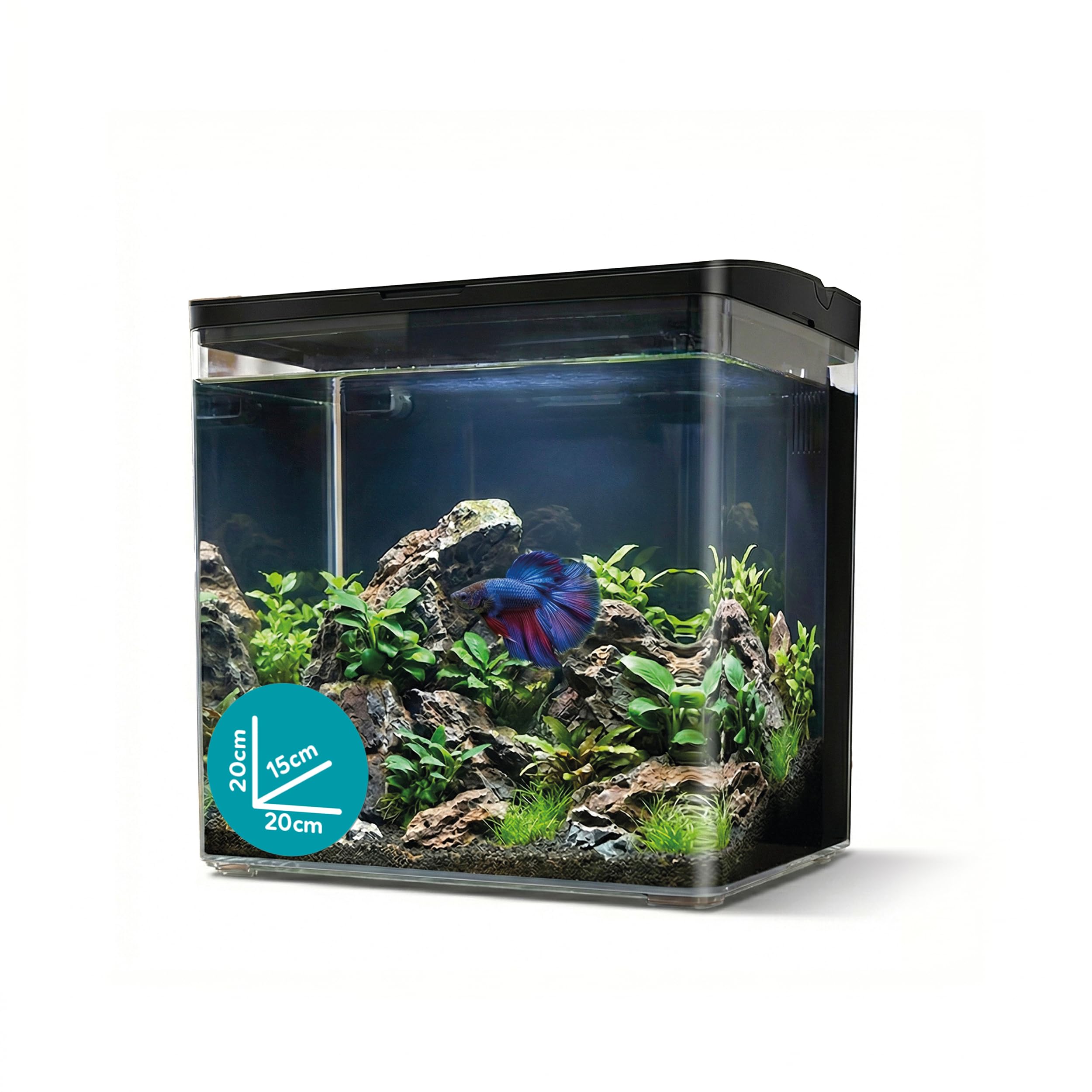 AQPET NEYA Acquario da Scrivania con Filtro e Pompa Inclusi, LED 5 Modalità e Porte USB – Mini Acquario in Acrilico con Coperchio Apribile, Ideale per Betta, Caridine e Piante Acquatiche 5lt (Nero)