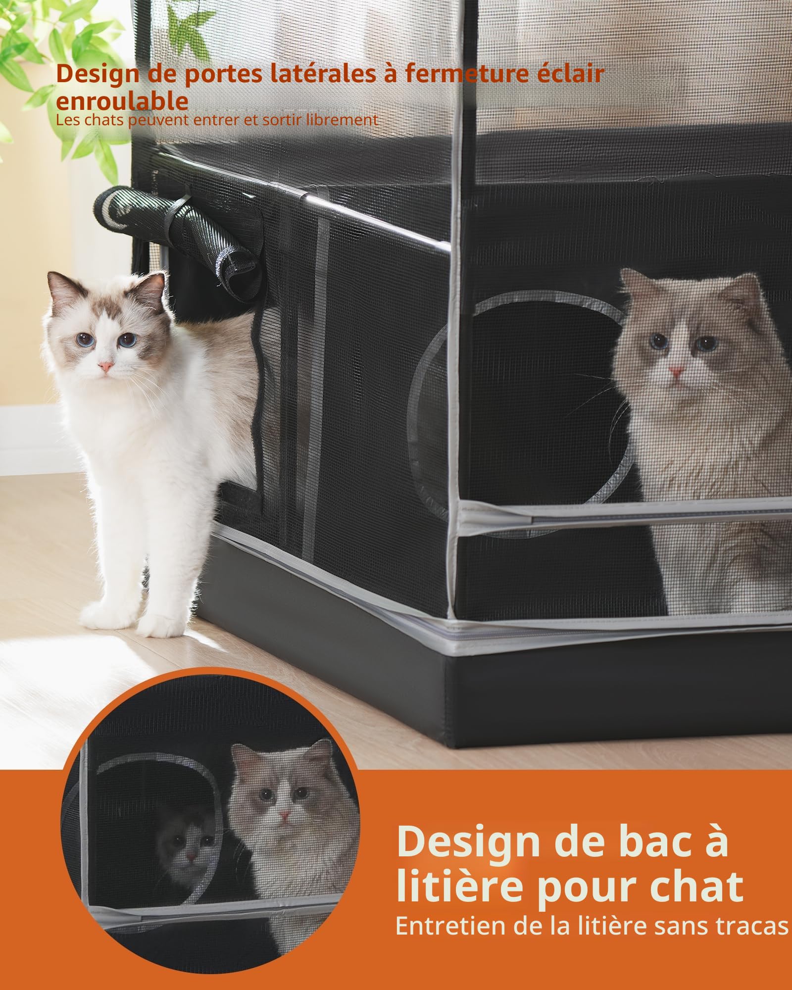 DINMO Grande Cage pour Chat, Enclos Intérieur avec Bac à Litière, Parc pour Chats et Petits Animaux, Chenil à Plusieurs Niveaux, Fond imperméable, Noir