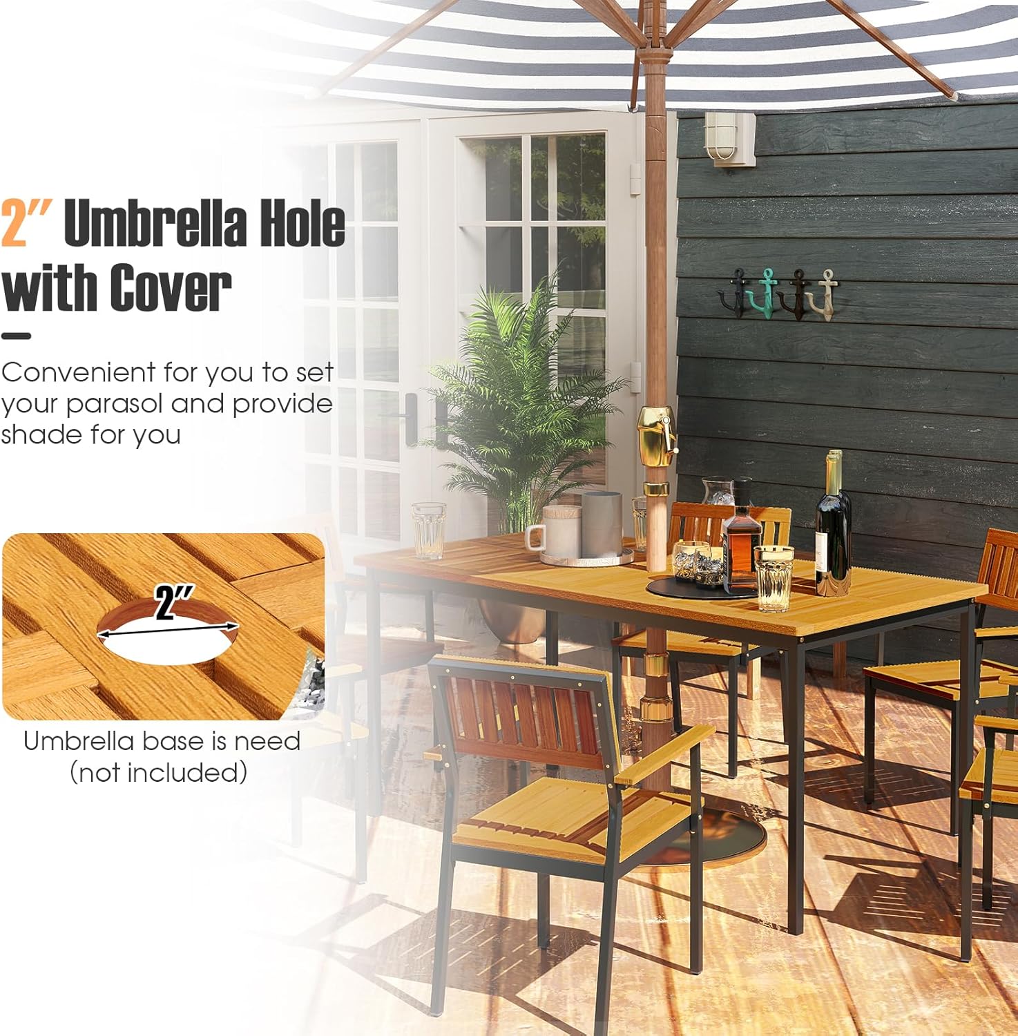 Patio Dining Table, 6-Person Acacia Wood Dining Table with 2 Inches Umbrella Hole, Slatted Tabletop & Adjustable Foot Pads, Outdoor Dining Table for Garden, Poolside & Dining Room