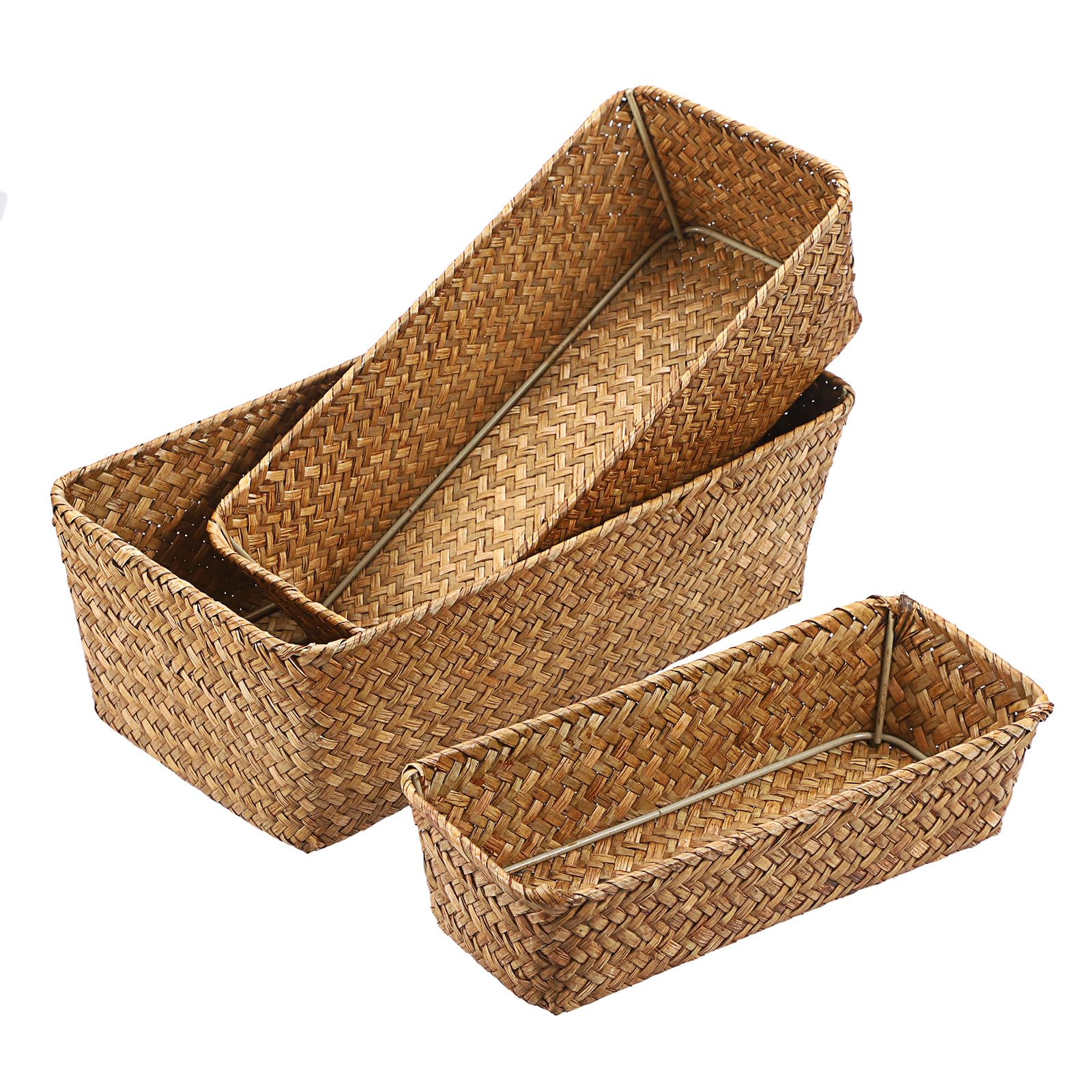 3 Natural Wicker Basket Set Rectangular Handwoven Seagrass Basket Storage Bins Home Organizer Bins - Household Basket Box for Shelf Wardrobe Desktop Home Decor (Caramel)
