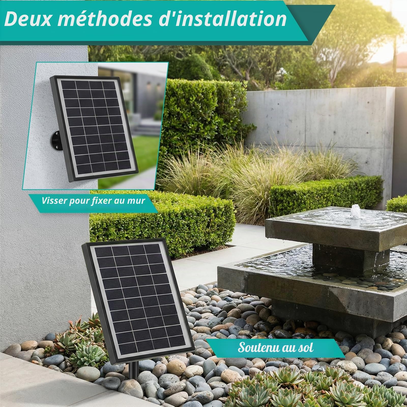 Clevich 6,5W Fontaine Solaire, Pompe à Eau Solaire, avec Tuyau d'eau de 1 m, Câble de 3,25 m, pour Bassins à Poissons, Petits Bassins, Cascades, Pots de Fleurs, Fontaines Décoratives