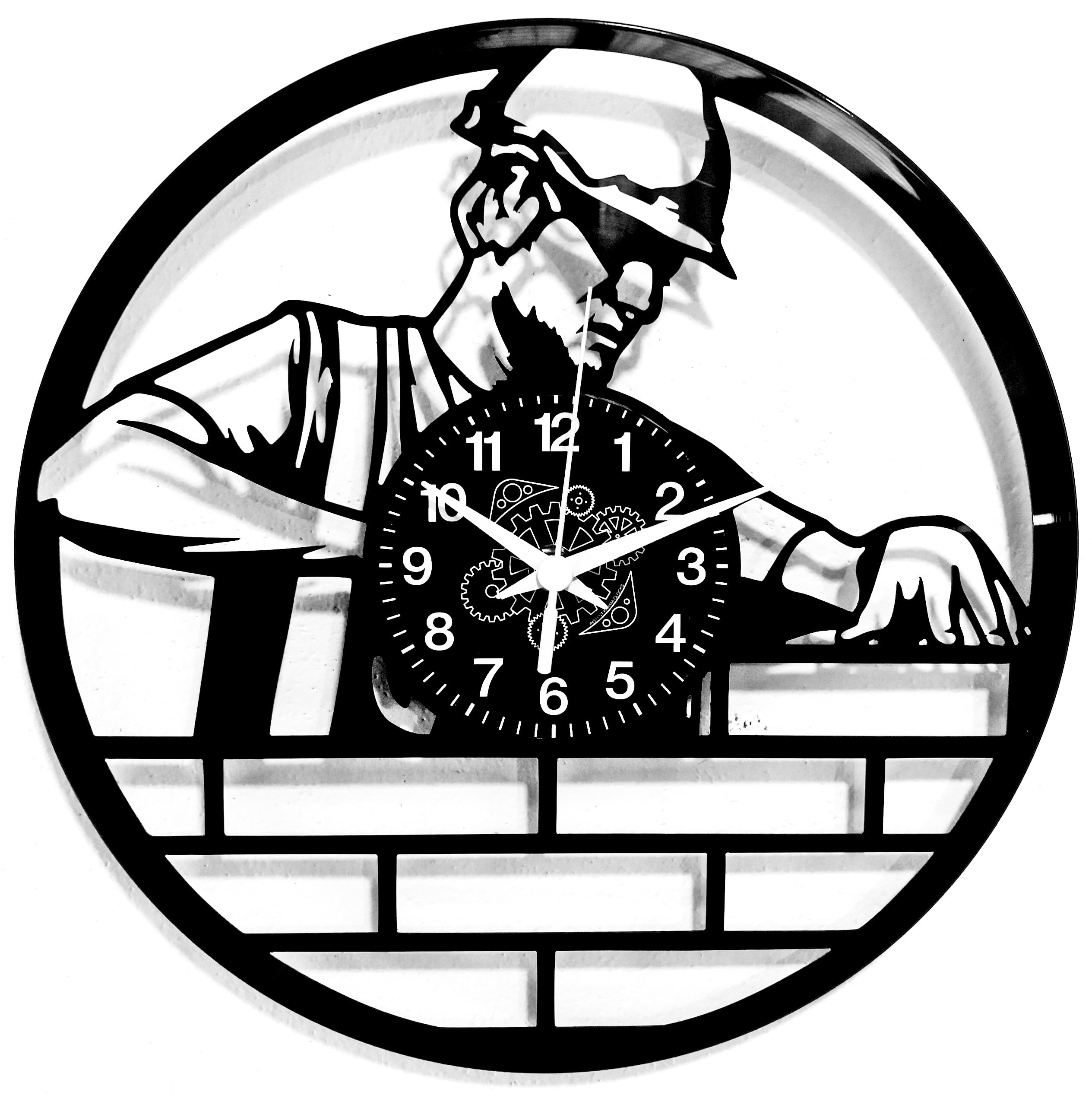 Instant Karma Clocks | Bricklayer Wall Clock with Construction Worker Silhouette – Wall Decoration – Home Office Silent Non-Ticking