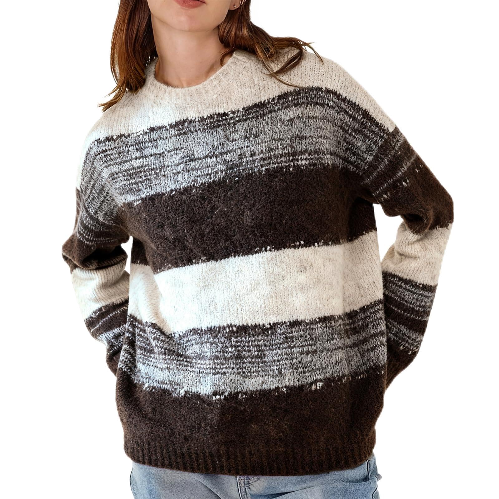 Womens Color Block Pullover Sweater Casual Loose Fit Long Sleeve Crewneck Knitted Jumper Tops for Fall Winter
