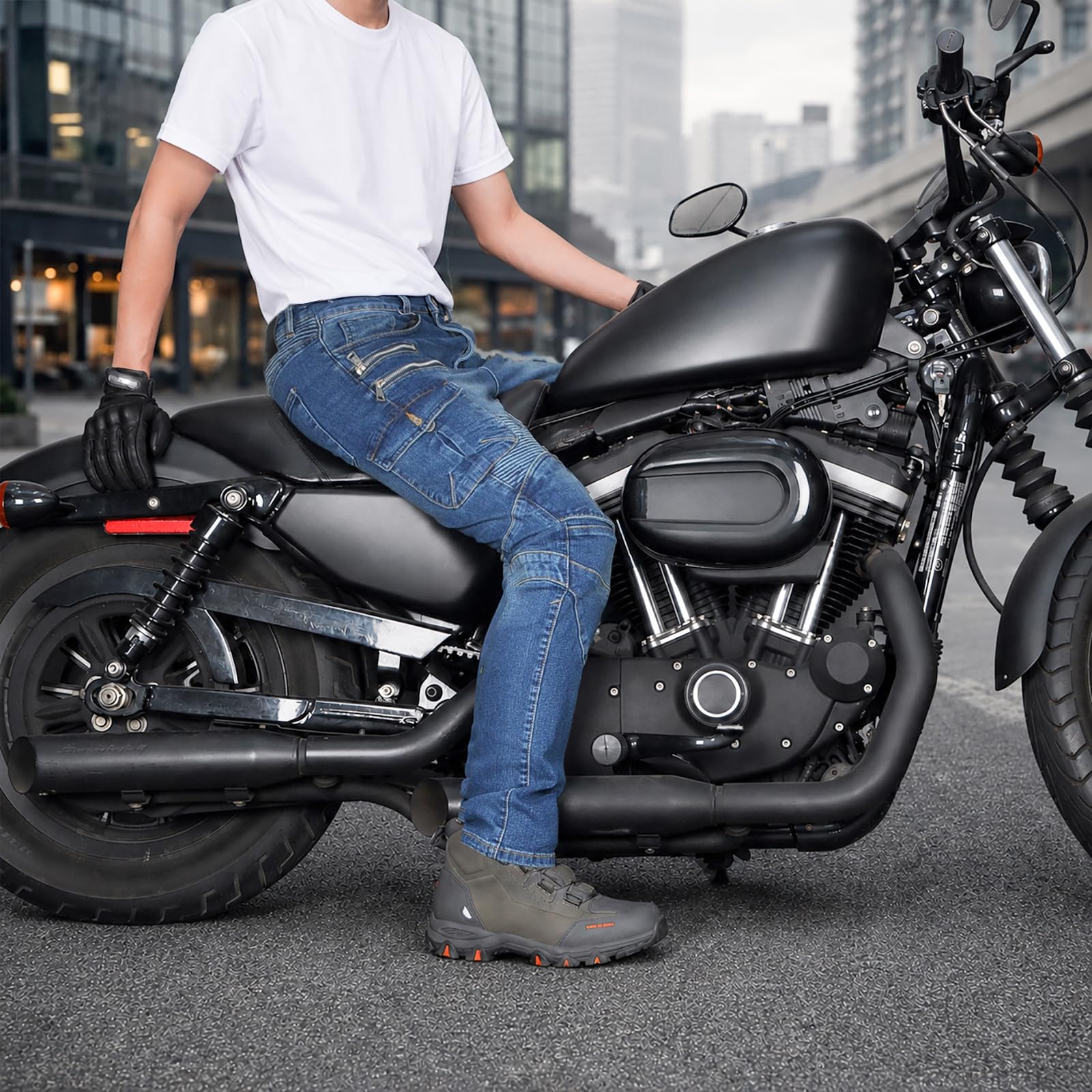 Jean Moto Homme, Pantalon Moto Homme Denim Stretch, Pantalon Cargo Biker Homme, Coupe Préformée, Multi-Poches, Vêtement Urbain 4 Saison