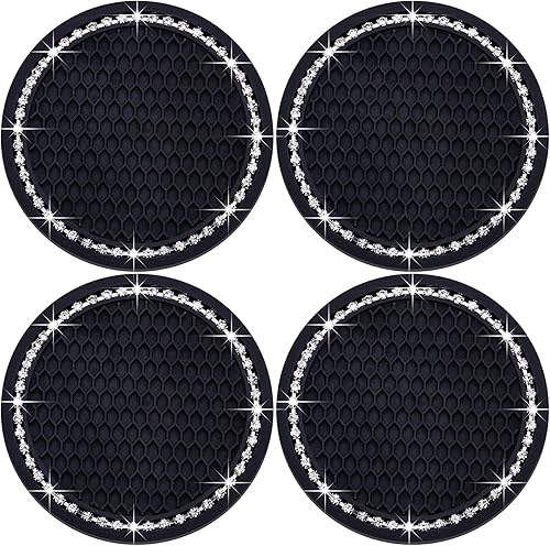 Miniatura 31 de 4 posavasos con brillantes para portavasos, 2.75 pulgadas, insertos para portavasos de auto, silicona suave antideslizante a prueba de golpes, Negro
