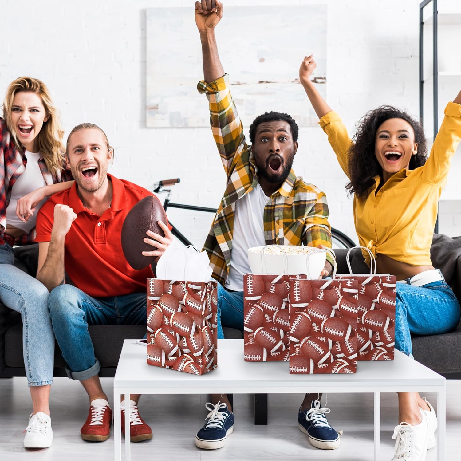 MIMIND 16 Pieces Football Gift Bags Tissue Paper 8.7 x 6.3 x 3.2 Inches Football Favor Bags with Handles Goodie Candy Treat Bag for Birthday, Sports Themed Party Supplies - Image 7