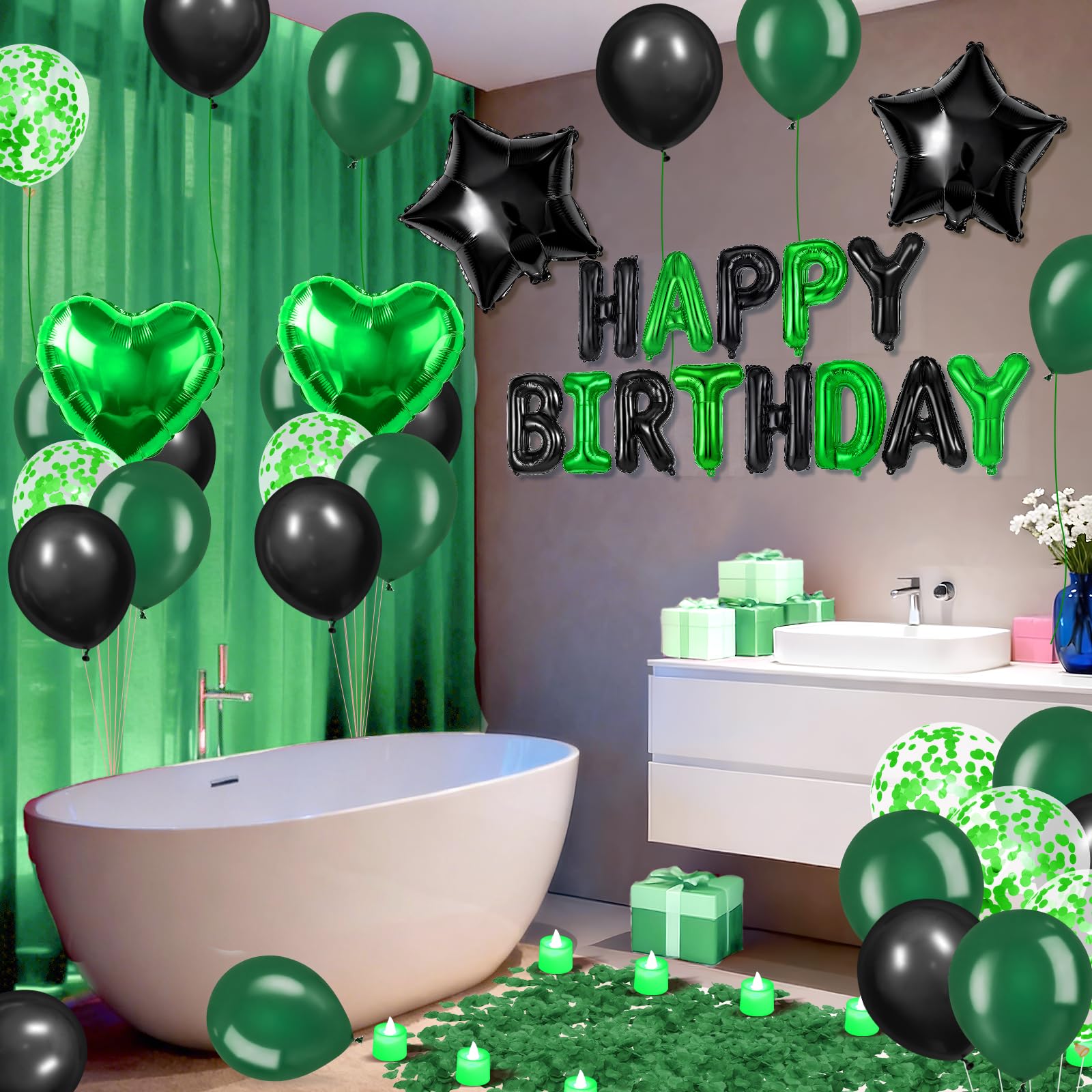 Ballons décoratifs « Happy Birthday » verts et noirs - Bannière de ballons d'anniversaire avec étoiles et cœurs - 1 000 pétales de rose artificiels - 24 bougies LED sans flamme pour fête