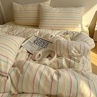 EAVD Colorful Striped Duvet Cover Queen Soft 100% Cotton Vintage Pink Gr...
