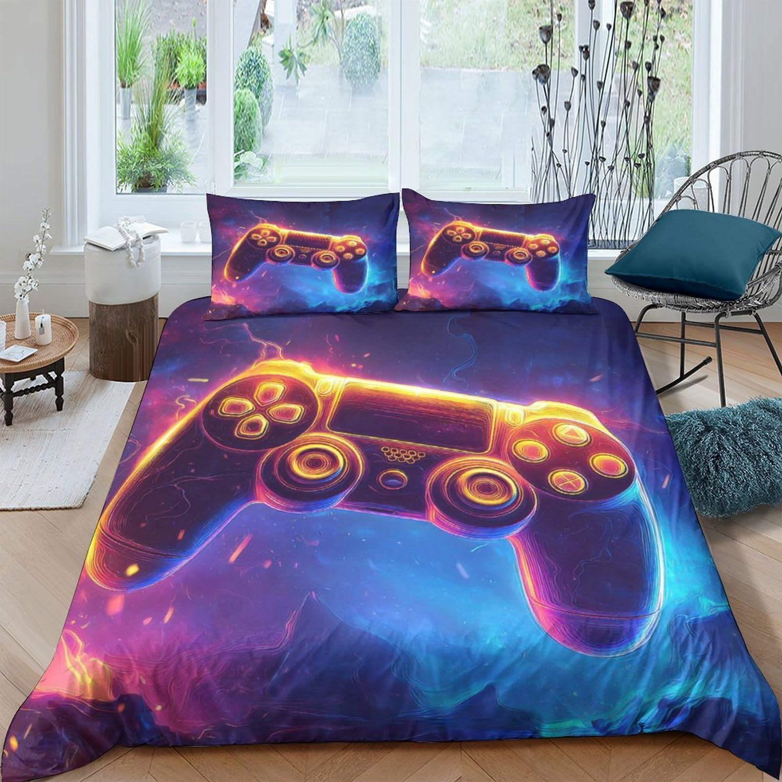 Ctjqhvkz Style-3 3D Printed Neon Gamepad Fitted Sheet Microfiber Soft Breathable Controller Bed Cover For Bedroom Dorm Mattress Protection Decor Single（135X200cm）