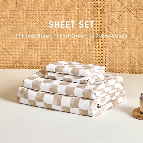 Miniatura 9 de Wake In Cloud - Juego de sábanas de cuadros a cuadros, patrón geométrico dibujado a mano preppy impreso en blanco beige, ropa de cama de microfibra