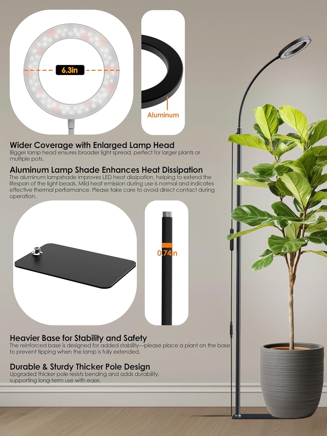 GLOWRIUM Smart Grow Lights for Indoor Plants with Auto Timer, Full Spectrum LED Floor Plant Light for 3 Spectrum Modes,6 Dimmable Levels,63inch Adjustable Height for Large Plants (Black, 20W)