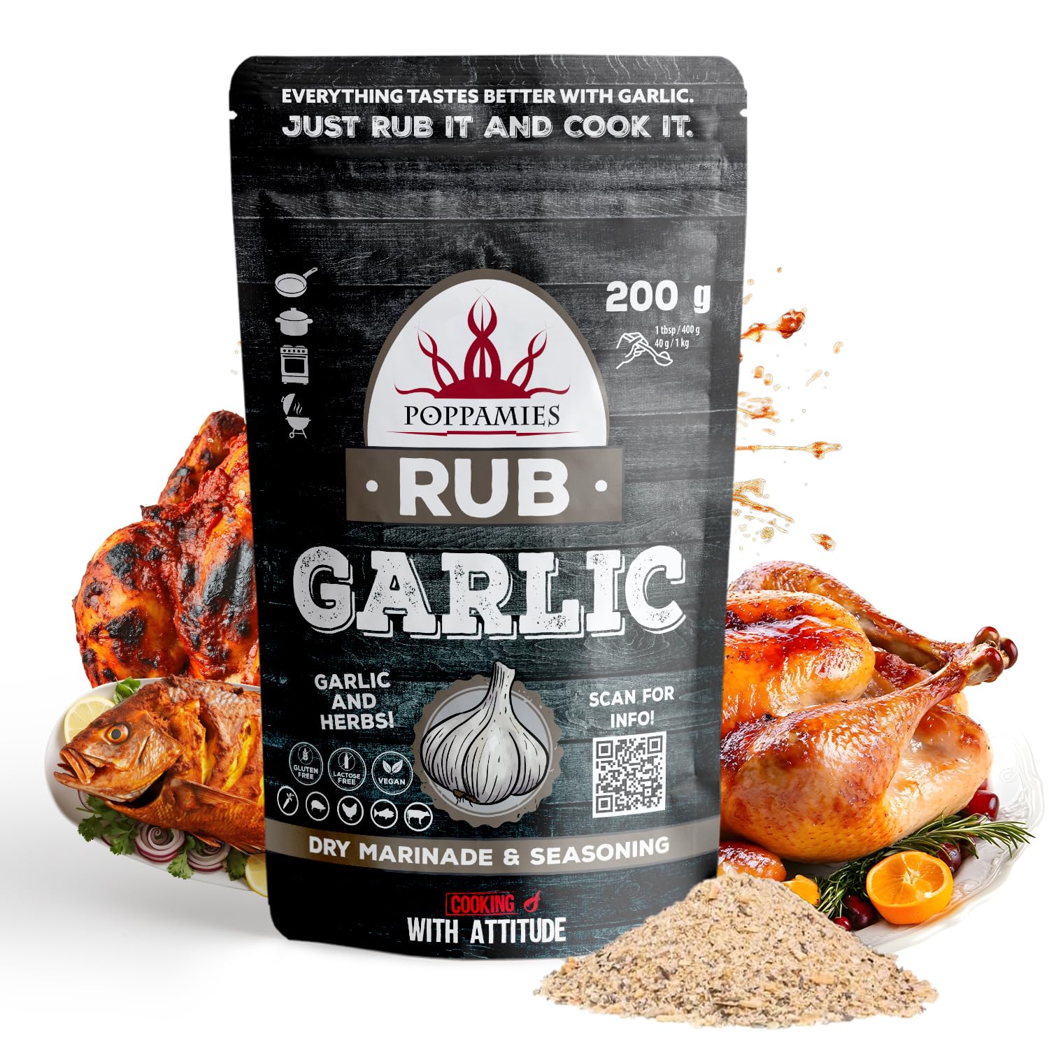 Poppamies Garlic Rub, Dry Marinade & BBQ Seasoning Perfect for Fish, Beef, Vegies, Pork, Chicken - Great in The Grill, Barbecue, Oven, Boiler and Pan - Large Pack (200g)