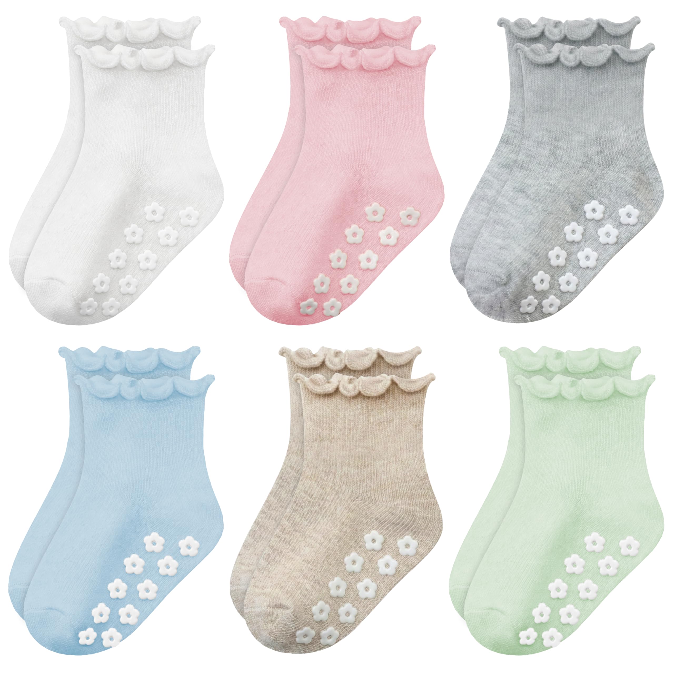 Mother's Choice Pastel Organic Cotton Baby Socks 6 Pairs 6-12 Months Non-Slip Grip Socks For Infants & Toddlers, Soft Breathable Anti-Skid Socks With Cute Ruffle Design