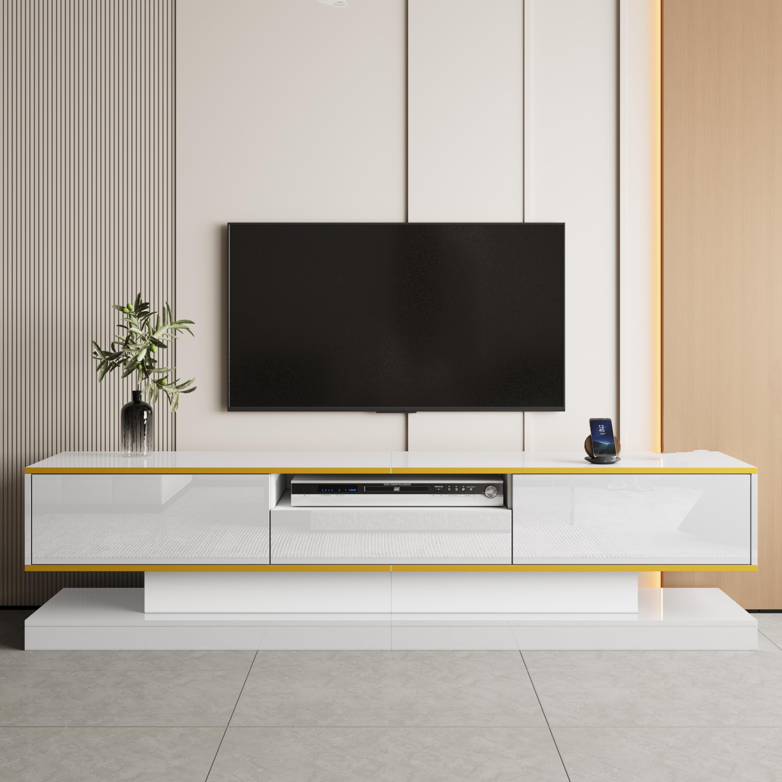Meuble TV 180 cm de Long avec 3 tiroirs 1 Compartiment Ouvert - Brillant avec lumières LED lowboard pour Salon Salle à Manger Meuble Bas Table Blanc