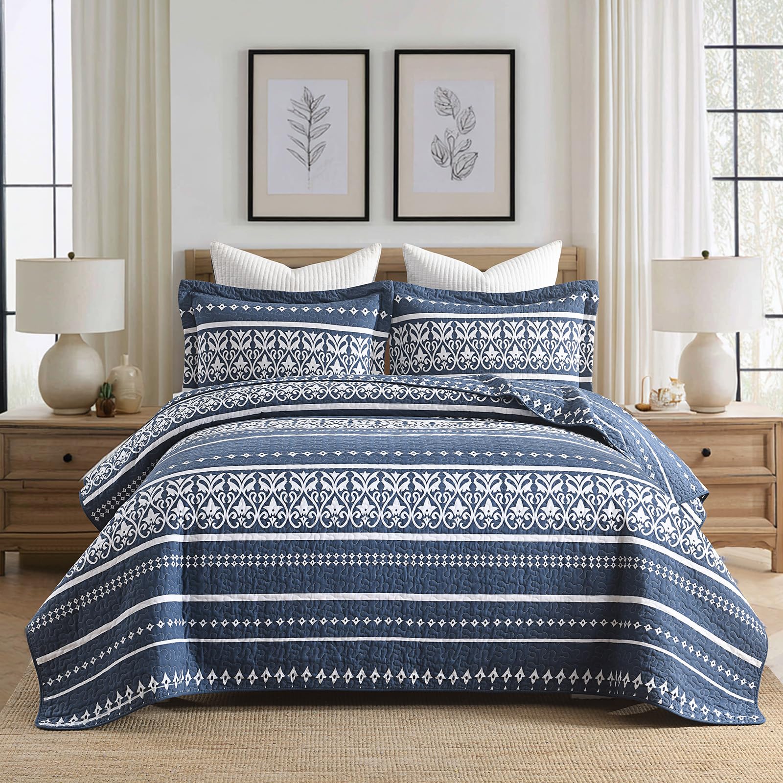 Photo 1 of BCOTTOND Quilt Set 100% Cotton Boho Striped King Quilt,Navy Blue Quilt King Size Bohemian Pattern King Bedspread Lightweight All Season 3 Piece