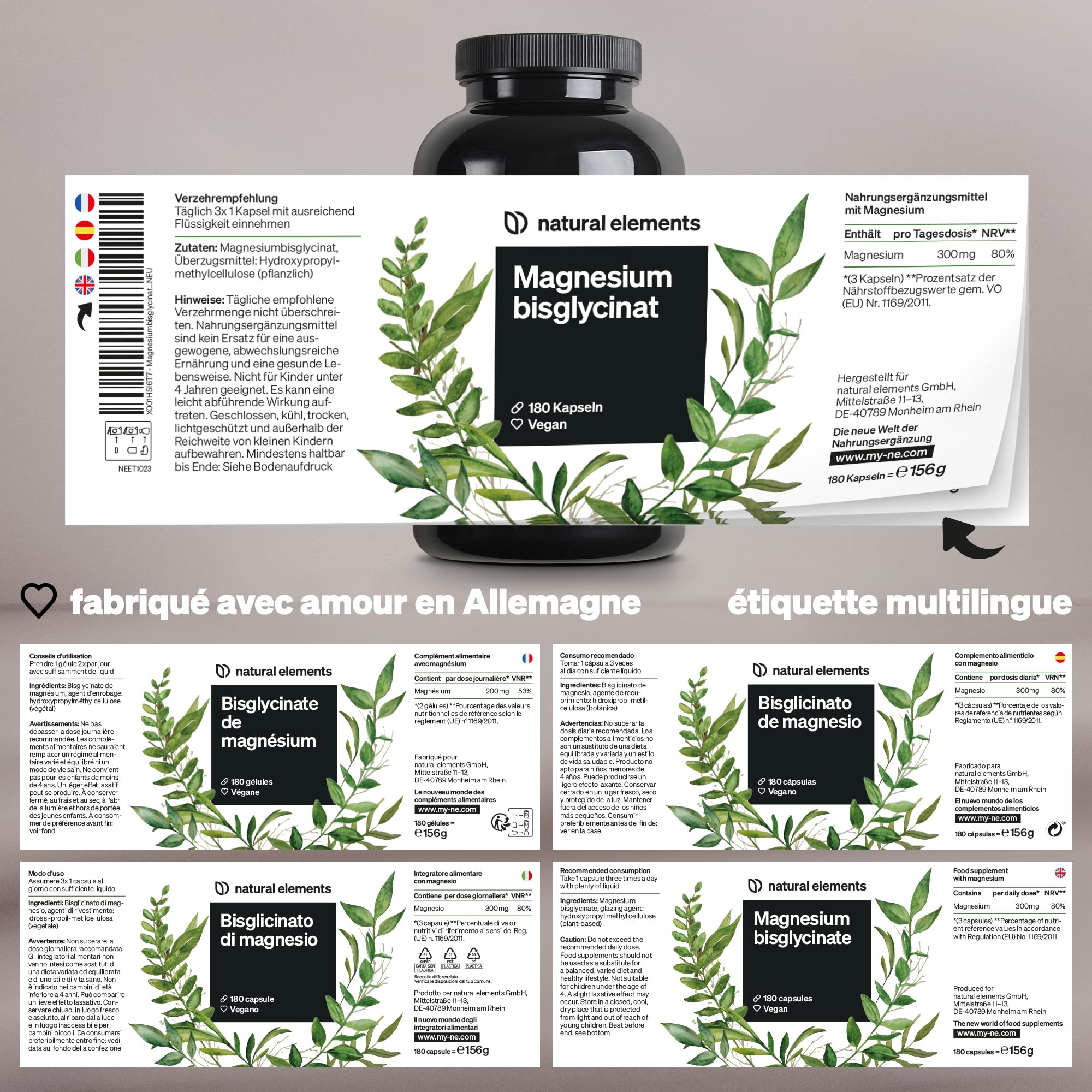 Magnésium Bisglycinate – 300 mg de magnésium élémentaire/dose journalière – 180 gélules, 2 mois d'approvisionnement – doux sur l’estomac, vegan, hautement dosé