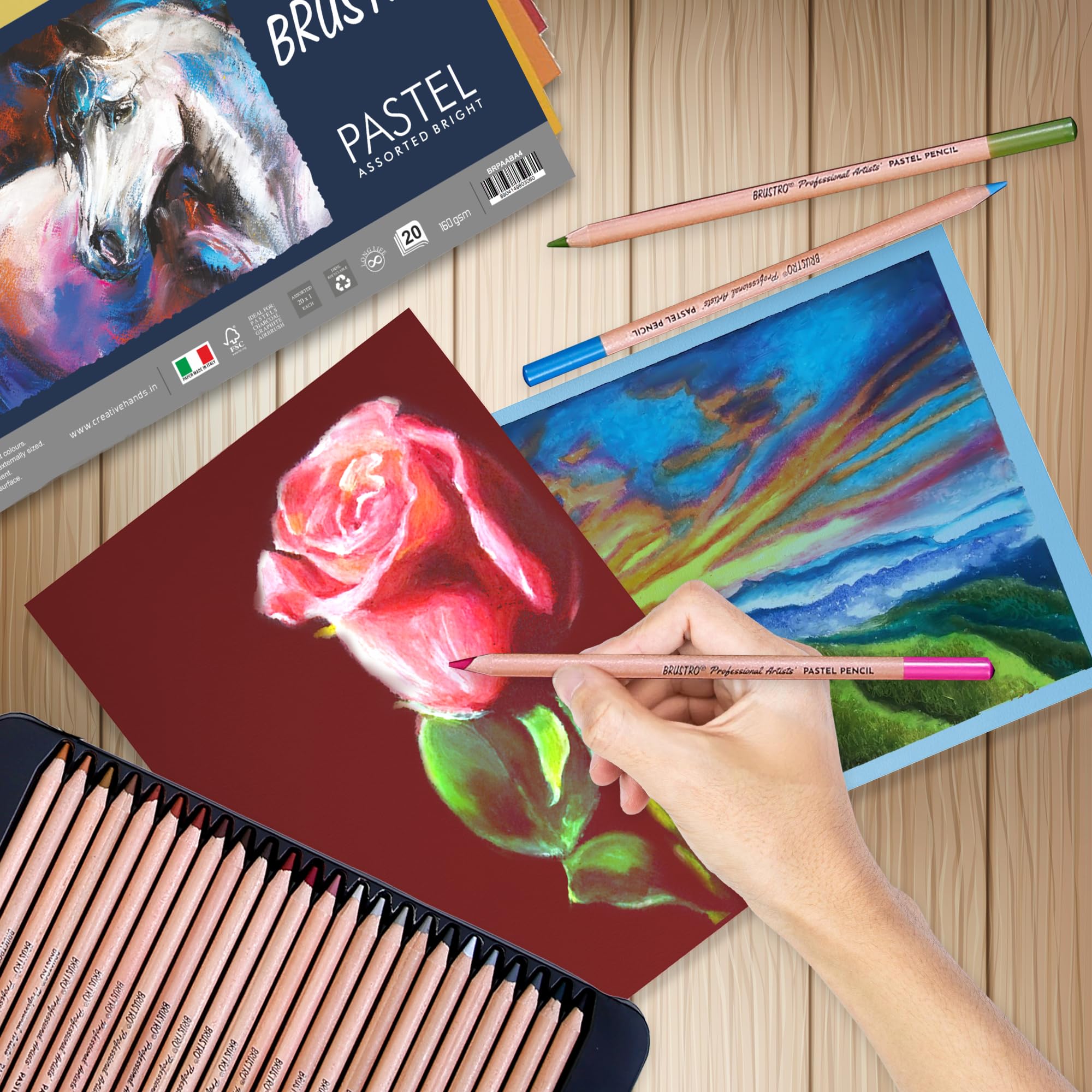 Brustro Artists Pastel Papers | 160 GSM, A4, Assorted Bright Shades | Pack of 20 Sheets | Ideal for Pastels, Colour Pencils, Graphite, Charcoal, Gouache, Ink and Dry Techniques 3