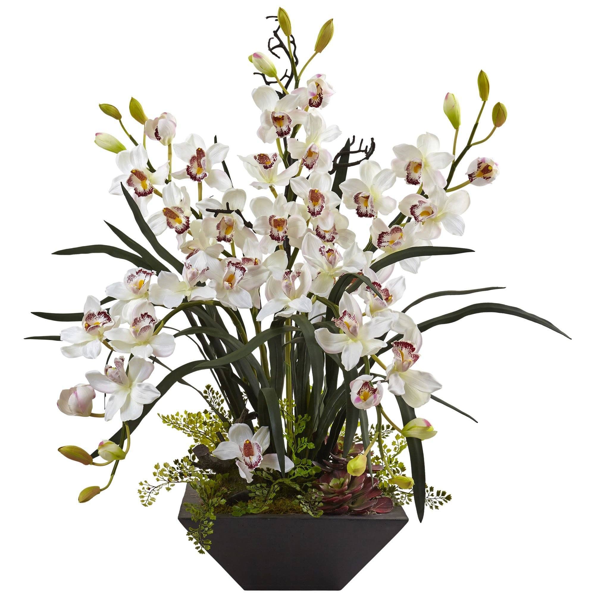 Nearly Natural Cymbidium Orchid Silk Arrangement with Black Vase