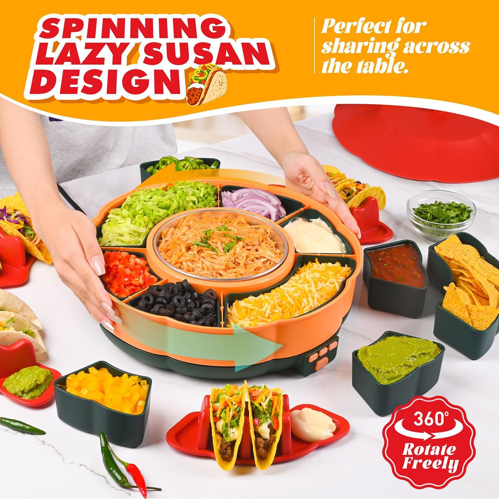Taco Bar Servierset mit Taco-Haltern und herausnehmbaren Fächern, ideal für Nachos und Partyunterhaltung, inklusive 3-Temperaturregelung