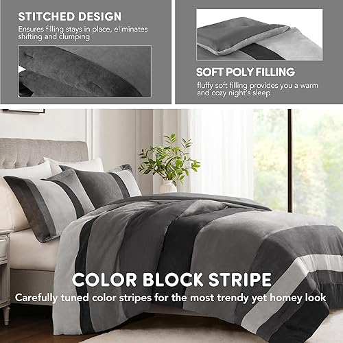 Miniatura 4 de Comfort Spaces Juego de edredón tamaño Queen, 3 piezas de microgamuza de lujo, diseño de piezas de bloques de color a rayas, juego de edredón de