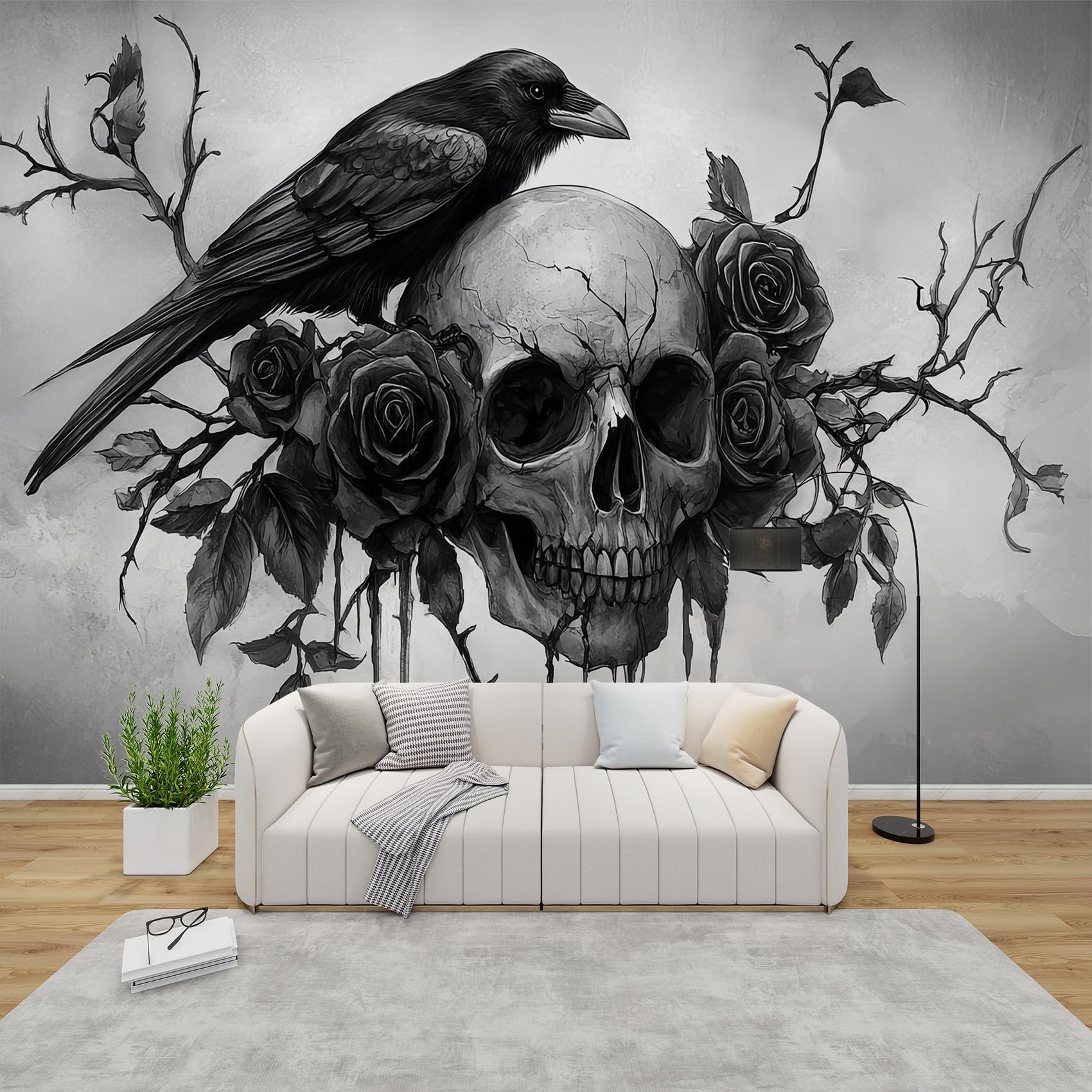 Qeodah Black White Gothic Wallpaper For Living Room, Skull Wall Art For Bedroom, Goth Crow Rose Wall Mural, Renter Friendly Removable Waterproof Non-Woven Photo Wallpaper 3D, 200X140 Cm