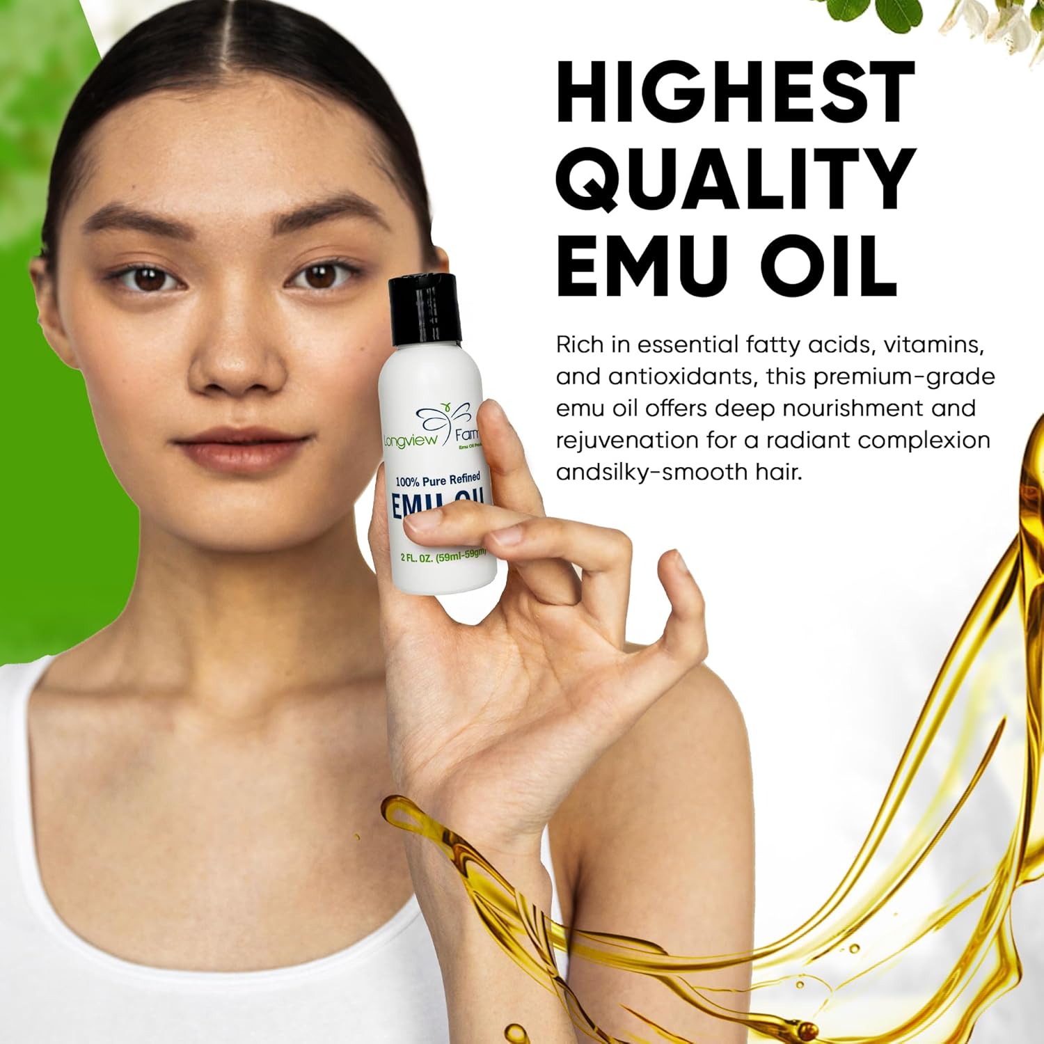 Longview Farms® Emu Oil - Hair and Body - 100% Pure & Refined Emu Oil for Skin & Hair Care | Premium Quality Hydration | 2 Fl. Oz