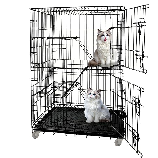 Cat Cage Large 4-Tier Indoor Cat Enclosure with Removable Tray & 2 Ladders, Foldable Metal Wire Cat Playpen with 360° Wheels, for 1-2 Cats & Small Pets, 35.4" L × 22.4" W × 49.2" H (Black