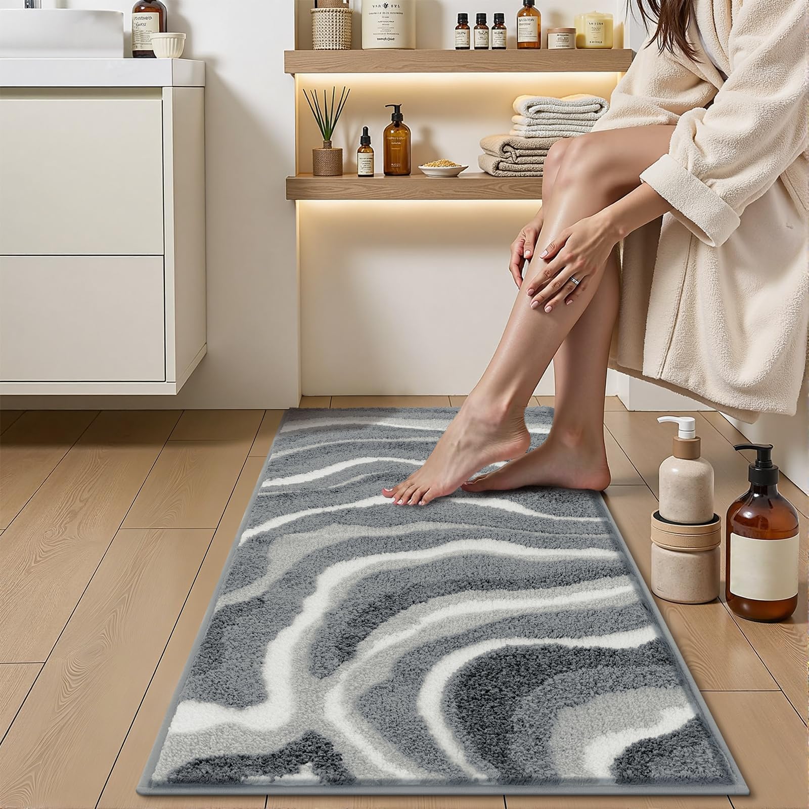 Enyhom Grande Tapis Salle de Bain Antidérapant 80 x 120 cm, Tapis de Salle de Bain Gris en Microfibre Super Absorbant, Extra Doux Epais et Lavable en Machine, Tapis Douche pour Baignoire, Salon