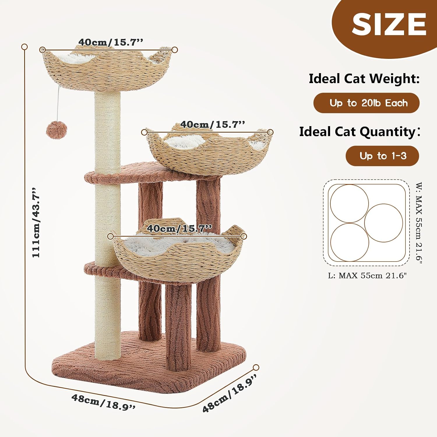 PAWZ Road Modern Cat Tree with Baskets, 44" Cat Tower for Indoor Cats,Brown | 3 rattan baskets (φ15.7") with thick cushions, sturdy base cat tree for large indoor cats, multi-level climbing resting space