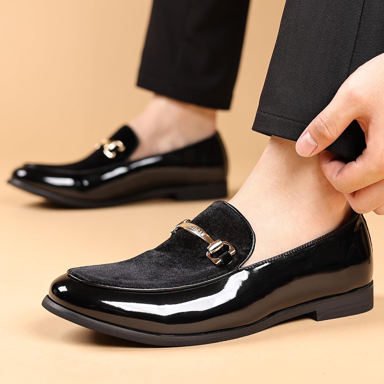COSIDRAM Men's Casual Shoes Fashion Velvet Patent Leather Loafers Classic Gold Buckle Business Party Shoes - Image 5