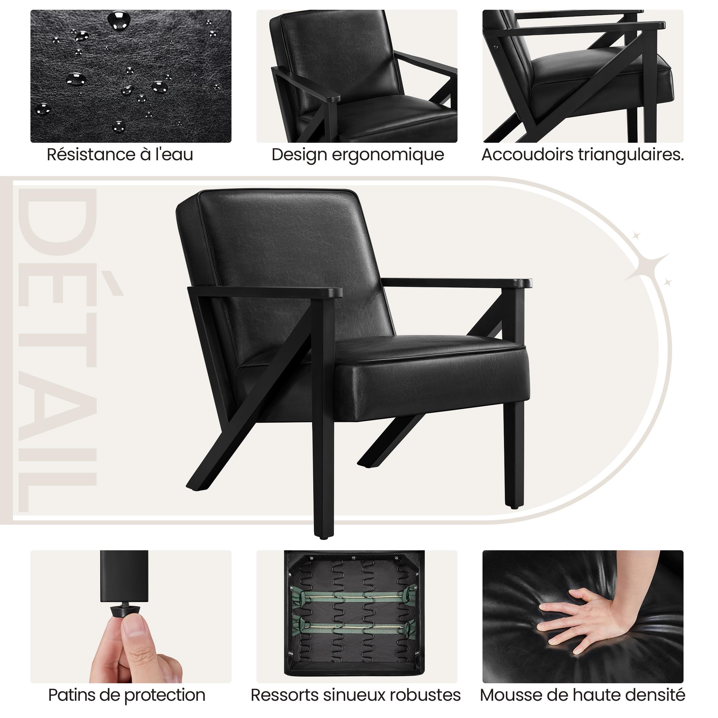 Yaheetech Fauteuil de Salon en Similicuir Fauteuil d’appoint avec Cadre en Bois Pieds et Accoudoirs en Forme de Z Siège de Bureau Chambre Réception Noir
