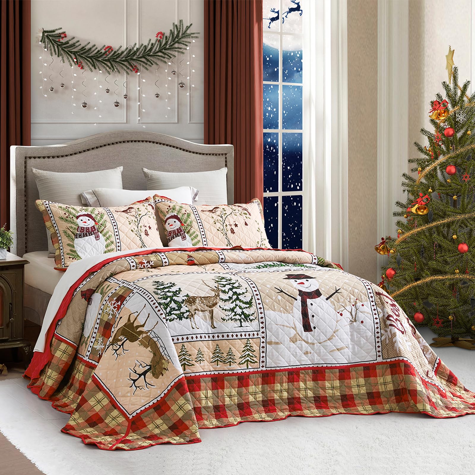 HZ &amp; HY Christmas Oversized Bedspread King Size, Snowman Pattern Bedding Quilt, Rustic Plaid Patchwork Coverlet Set, Lightweight &amp; Soft Microfiber, 3 Piece